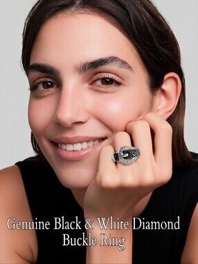 VINTAGE GENUINE DIAMONDS  BLACK & WHITE BUCKLE RING vtg signed. 6.75